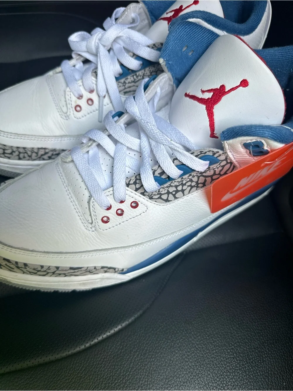 Jordan3 White Sneakers with Blue and Red Accents